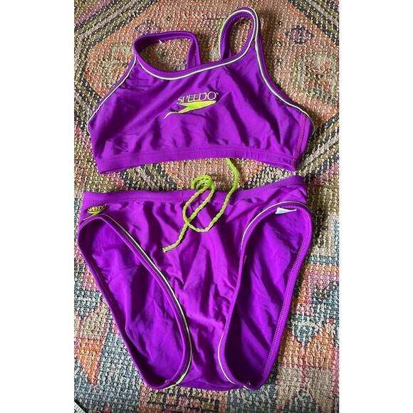 2 Piece Speedo Bikini Swim Brief, Green/Purple Print 34 - Picture 1 of 3